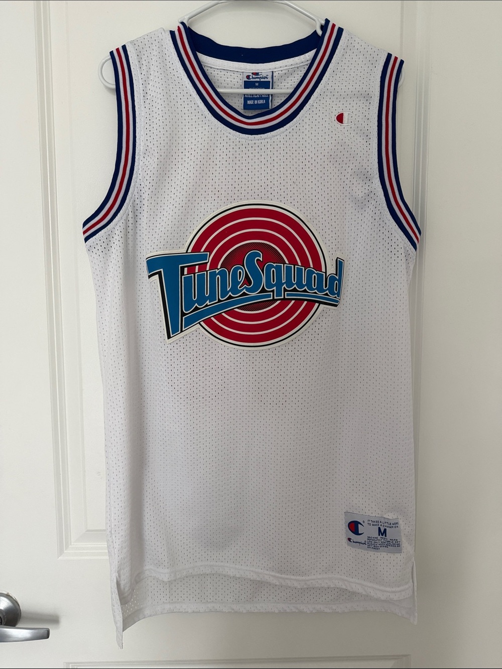 Champion White Tune Squad Mesh Basketball Jersey with Red & Blue Logo